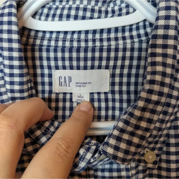 GAP Navy Gingham Lived-In Stretch Oxford Shirt in Untucked Fit L Tall Mens - Picture 4 of 10